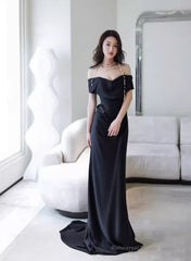 Elegant Black Off Shoulder Long Formal Gown, Black Satin Prom Dress Party Dress