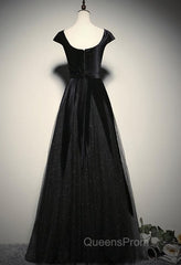 Elegant Black Velvet Cap Sleeves Evening Dress, Black Evening Prom Dress