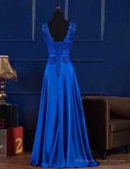 Elegant Blue Satin A-line Long Prom Dress , Bridesmaid Dress for Sale