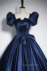 Elegant Blue Satin Evening Prom Dress, Square Neckline Puffy Short Sleeve Bow Backless Floor-Length Evening Dress