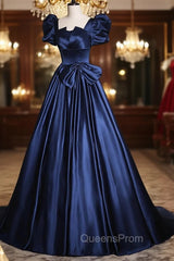 Elegant Blue Satin Evening Prom Dress, Square Neckline Puffy Short Sleeve Bow Backless Floor-Length Evening Dress