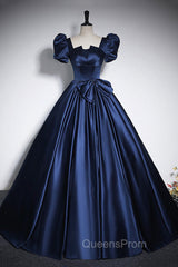 Elegant Blue Satin Evening Prom Dress, Square Neckline Puffy Short Sleeve Bow Backless Floor-Length Evening Dress