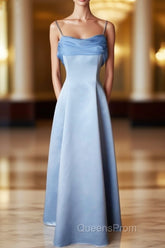 Elegant Blue Satin Spaghetti Straps Evening Gown A Line Long Party Dress Evening Prom Dress