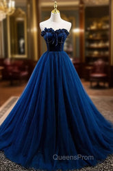 Elegant Blue Velvet And Tulle Long Evening Prom Dress Strapless