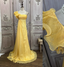 Elegant Bright Yellow A-Line One-Shoulder Ruched Floral-Appliqu¨¦ Chiffon Long Classy Prom Dress