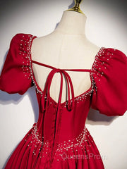 Elegant Burgundy Floor Length Evening Prom Dress, A-Line Beading Puffy Short Sleeve Backless Evening Dress