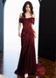 Elegant Burgundy Mermaid Off-The-Shoulder Ruffled Satin Train Classy Prom Dress