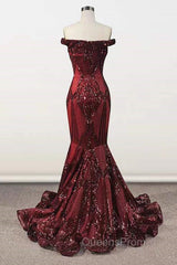 Elegant Burgundy Off-the-shoulder Mermaid Evening Prom Dress