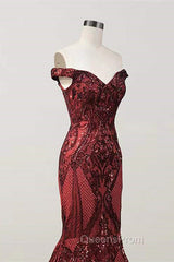 Elegant Burgundy Off-the-shoulder Mermaid Evening Prom Dress