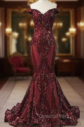 Elegant Burgundy Off-the-shoulder Mermaid Evening Prom Dress