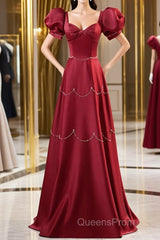 Elegant Burgundy Satin Long Evening Prom Dress With Beaded, Burgundy Short Sleeve Evening Dress