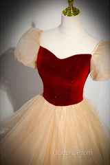 Elegant Burgundy Sparkling Sequin Square Neck Fluffy Short Sleeved Ball Dress, Burgundy Princess Sheer Backless Strap, Floor Length Layered Ruffle Edge Evening Prom Dress