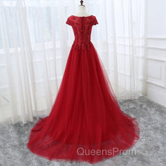 Elegant Cap Sleeve Lace Applique Tulle Party Dress, Evening Prom Gowns