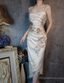 Elegant Champagne Fitted Spaghetti Strap Beaded Embroidered Satin Classy Prom Dress