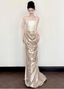 Elegant Champagne Gold Mermaid Strapless Ruffled Satin Train Classy Prom Dress