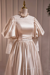 Elegant Champagne Satin A-Line Evening Prom Dress, Champagne Ruffle High Neck Puffy Short Sleeve Backless Evening Dress