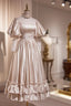 Elegant Champagne Satin A-Line Evening Prom Dress, Champagne Ruffle High Neck Puffy Short Sleeve Backless Evening Dress