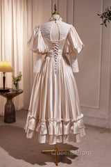 Elegant Champagne Satin A-Line Evening Prom Dress, Champagne Ruffle High Neck Puffy Short Sleeve Backless Evening Dress