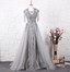 Elegant Court Grey Fringed Beaded Embroidered Tulle Train Classy Prom Dress