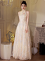 Elegant Cream Apricot A-Line Halter Neck Sequin Embroidered Pearl Fringe Tulle Long Classy Prom Dress