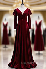 Elegant Dark Burgundy Velvet Long Sleeve Evening Prom Dress