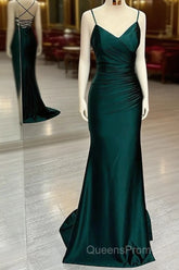 Elegant Dark Green Mermaid Spaghetti Strap Satin Long Evening Prom Dress