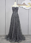 Elegant Dark Grey A-Line Spaghetti Strap Sequin Tulle Long Classy Prom Dress