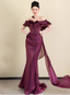 Elegant Deep Fuchsia Mermaid Off-The-Shoulder Ruffled Satin Long Classy Prom Dress