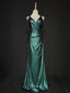Elegant Green Spaghetti Strap V-Neck Ruffled Satin Long Classy Prom Dress
