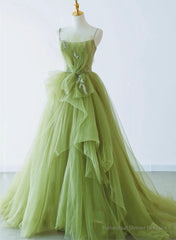 Elegant Green Tulle Straps Long Formal Dress, Green Tulle Evening Dress Party Dress