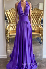 Elegant Halter Neck Backless Purple Long Evening Prom Dress, Backless Purple Formal Graduation Evening Dress
