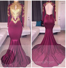 Elegant High-Neck Long-Sleeves Gold-Appliques Backless Evening Prom Dress