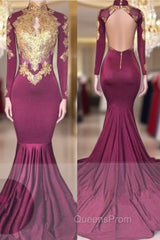 Elegant High-Neck Long-Sleeves Gold-Appliques Backless Evening Prom Dress