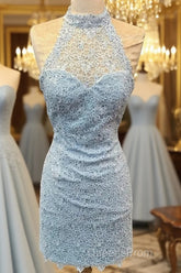 Elegant High Neck Open Back Lace Homecoming Dress Sheath Party Dress