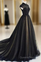 Elegant High Neck Evening Prom Dress Black Formal Dress A Line Floor Length Evening Dress
