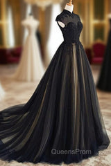 Elegant High Neck Swee Train Rhinestone Evening Prom Dress, Black Evening Dress