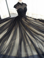 Elegant High Neck Swee Train Rhinestone Evening Prom Dress, Black Evening Dress