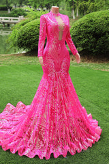 Elegant Hot Pink Mermaid Evening Prom Dress Sequin Evening Party Dress Pageant Dress for Women