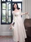 Elegant Ivory A-Line Square Neck Long-Sleeve Satin Long Classy Prom Dress