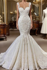 Elegant Ivory Long Mermaid Sweetheart Ruffles Lace Wedding Dress