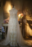 Elegant Ivory Strapless Beaded Floral Tulle Train Long Classy Prom Dress