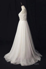Elegant Ivory Tulle V-Neck A Line Floor Length Wedding Dress