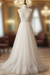 Elegant Ivory Tulle V-Neck A Line Floor Length Wedding Dress