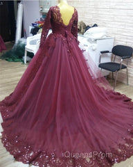 Elegant Lace Long Sleeves Evening Prom Ball Gown Dress
