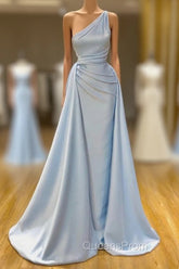 Elegant Light Blue One-shoulder Overskirt Soft-pleated Evening Prom Dress