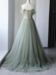 Elegant Light Green A-Line Tulle Off The Shoulder Long Evening Prom Dress Evening Dress,