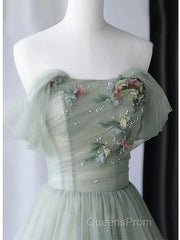 Elegant Light Green A-Line Tulle Off The Shoulder Long Evening Prom Dress Evening Dress,