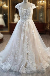 Elegant Long A-Line Bateau Backless Appliques Lace Tulle Wedding Dress