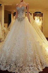 Elegant Long A Line Sweetheart Appliques Crystal Beading Wedding Dress