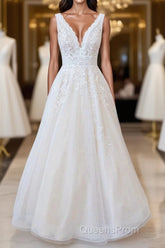 Elegant Long A-line V-neck Appliques Lace Tulle Backless Wedding Dress
